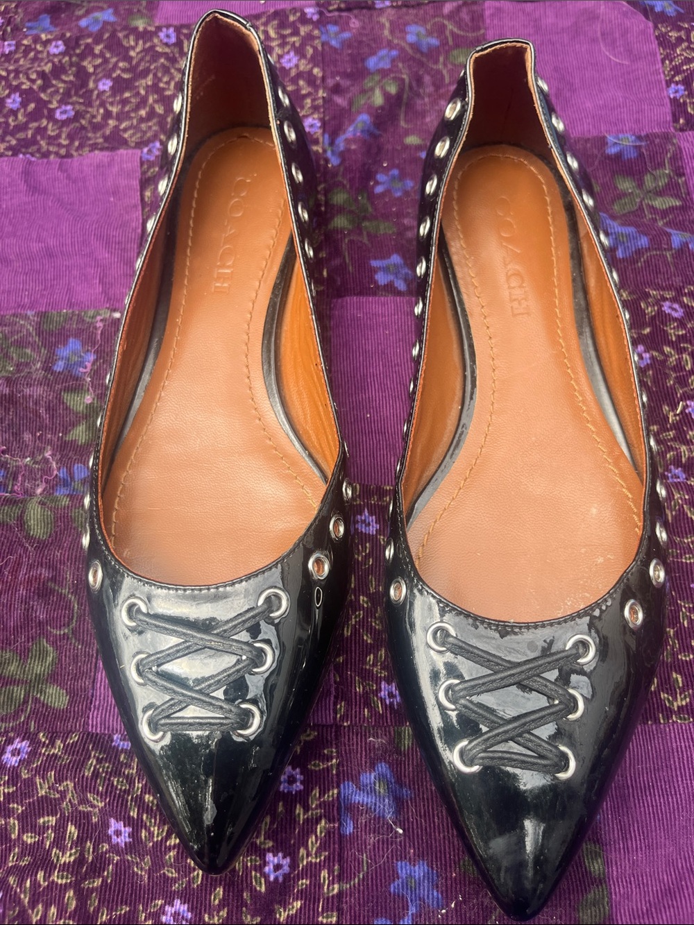 Coach Valrico Black Patent Pointed-Toe Ballet Flats with Grommet Lace Detail